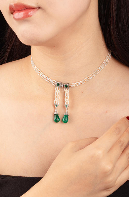 独角鹿西洋古董1905年代法国顶级珠宝品牌卡地亚出品18K黄金铂金镶嵌种子珍珠钻石及哥伦比亚祖母绿双穗式吊坠项链 商品图1