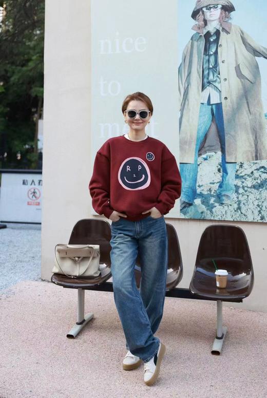 F010417休闲复古蓝调笑脸印花加绒上衣宽松下摆抽绳外穿女士卫衣 商品图8