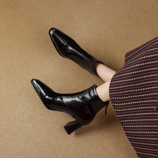 【预售5天】里外全皮轻奢风金属小方头粗跟厚拉链及踝靴法式高跟棕色短靴&sl-8151 商品图2