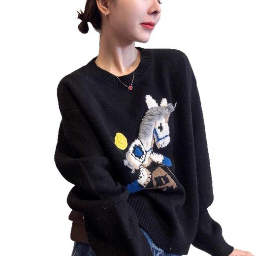丁摩 羊毛混纺小马刺绣针织衫女式圆领套头毛衣Z25146 商品图4