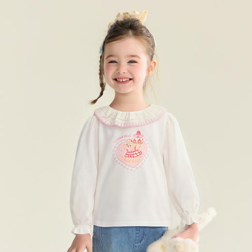 笛莎Deesha 童装女童T恤2026春新款甜美风小熊蛋糕印花长袖T恤  商品图0