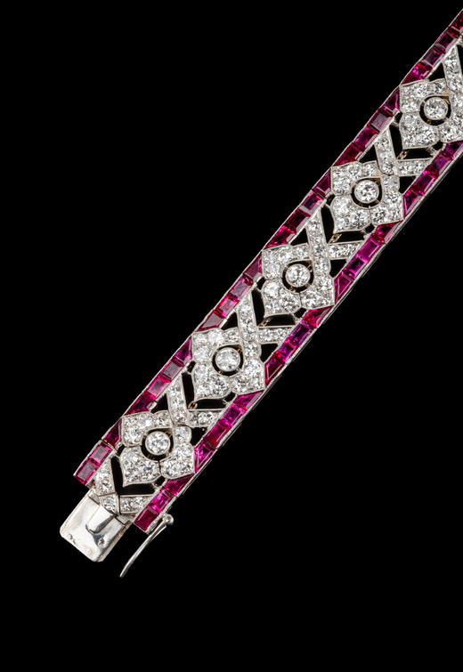 独角鹿西洋古董1920年代法国顶级珠宝世家梵克雅宝出品装饰艺术风格几何花卉造型铂金镶嵌红宝石及钻石手链 商品图4