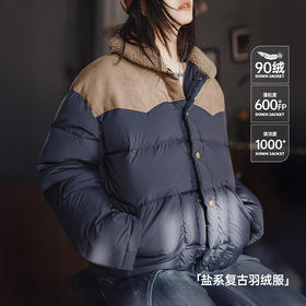 马登90白鸭绒撞色麂皮拼接翻领加厚保暖工装羽绒服夹克外套女冬季