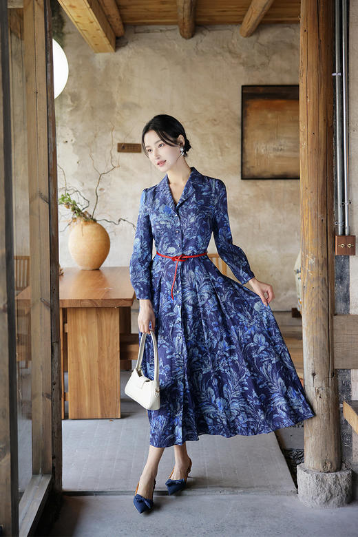 【多件多折】逸红颜明月优选#沉静棉麻印花裙【莳光】职场西装领撞色连衣裙，古色古香日常款新中式，风静绽芳华 商品图9