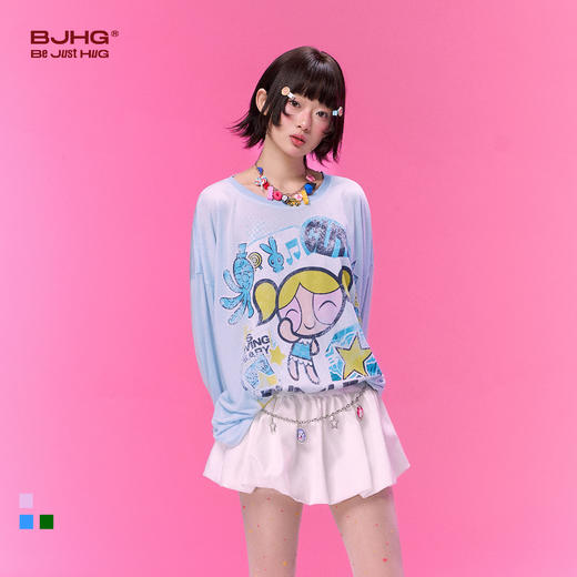 飞天小女警联名BJHG不计后果 长袖T恤女款夏季莱赛尔针织斜肩罩衫 商品图0