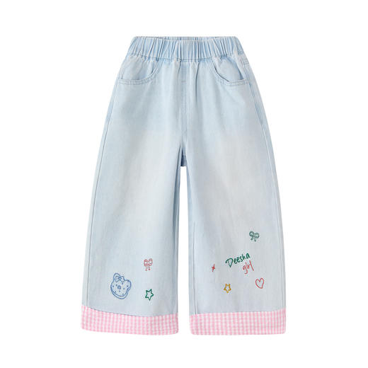 笛莎Deesha 童装女童裤子2026春新款可露丽风软萌绣花白水洗棉牛仔阔腿裤 商品图4