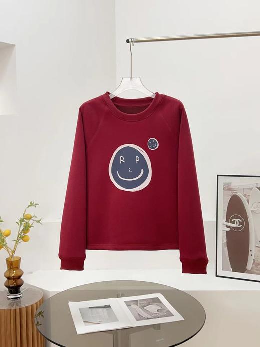 F010417休闲复古蓝调笑脸印花加绒上衣宽松下摆抽绳外穿女士卫衣 商品图9