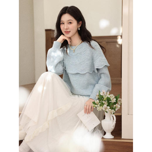 鹿向南「心跳降温」蓝色毛衣女秋冬miu系气质慵懒圆领针织衫上衣 商品图2