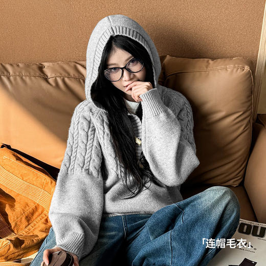 马登咖色半开领宽松加厚保暖套头连带帽针织毛衣卫衣外穿女士秋冬 商品图0