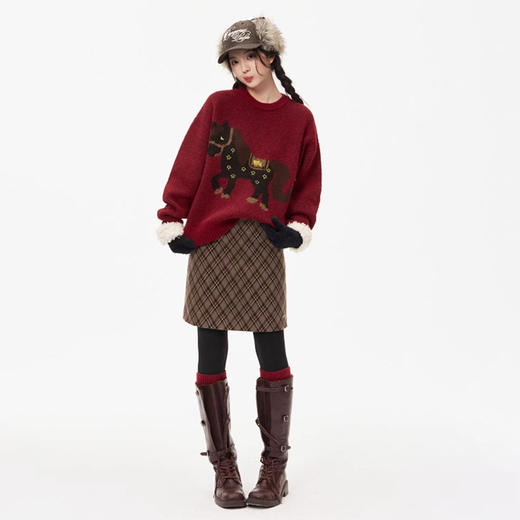 西遇新年红色毛衣女2026春季新款韩式可爱风卡通圆领宽松慵懒上衣SS060051 商品图4