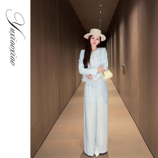 余潇潇【泰晤士蓝调】立体花边拼接圆领珠片小香外套&马夹&直筒裤 商品图4