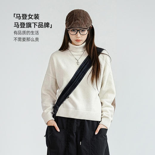 马登复古米白色雪尼尔宽松高领加厚保暖针织毛衣内搭上衣秋冬女式 商品图4