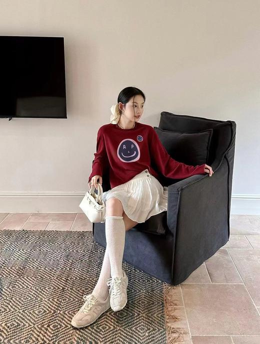 F010417休闲复古蓝调笑脸印花加绒上衣宽松下摆抽绳外穿女士卫衣 商品图4