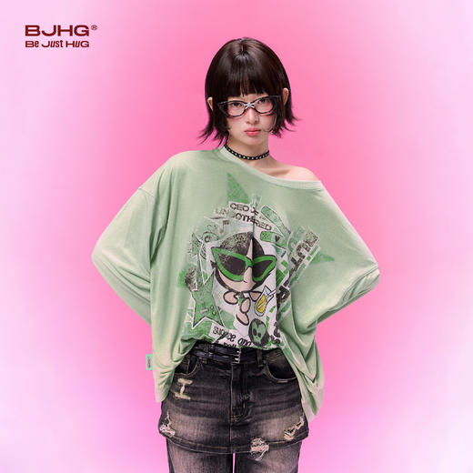飞天小女警联名BJHG不计后果 长袖T恤女款夏季莱赛尔针织斜肩罩衫 商品图2