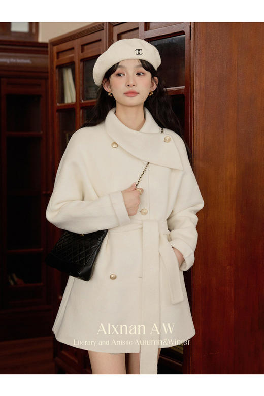 鹿向南「100%棉羊毛」米白色双面毛呢短外套女冬季高级感收腰大衣 商品图5