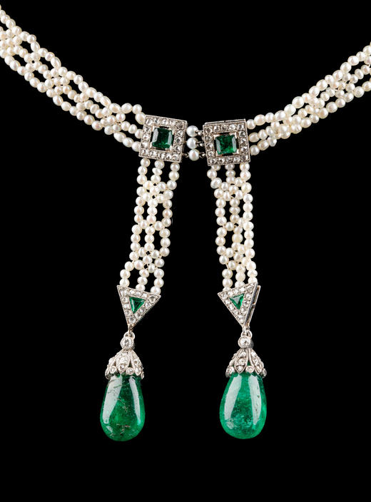 独角鹿西洋古董1905年代法国顶级珠宝品牌卡地亚出品18K黄金铂金镶嵌种子珍珠钻石及哥伦比亚祖母绿双穗式吊坠项链 商品图3