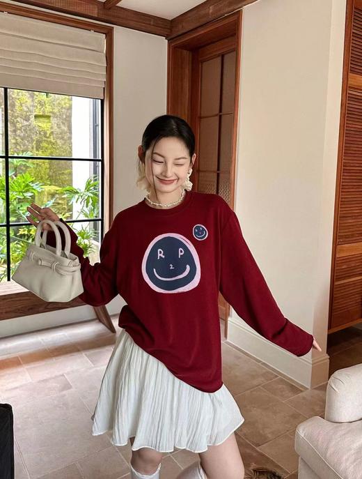 F010417休闲复古蓝调笑脸印花加绒上衣宽松下摆抽绳外穿女士卫衣 商品图6