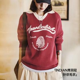 马登复古酒红撞色V翻领宽松套头提花保暖加厚毛衣针织衫上衣女冬