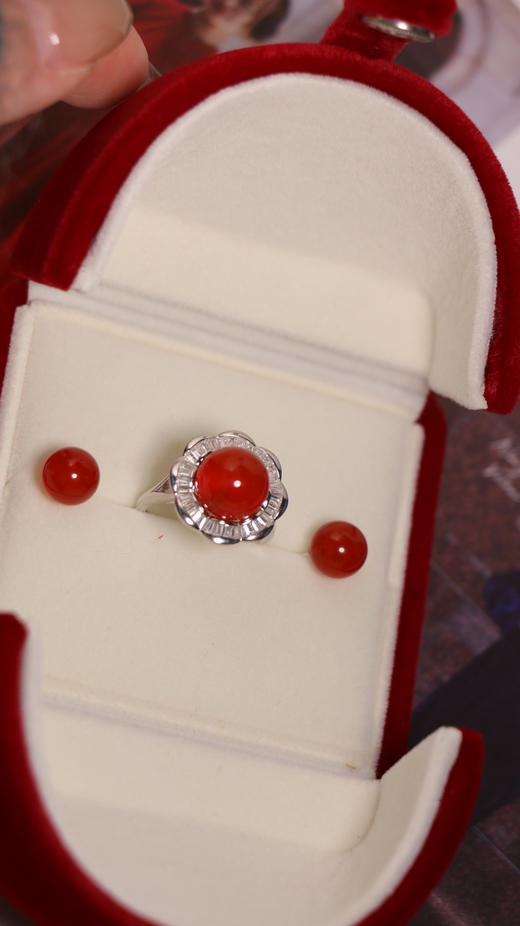 红玛瑙戒指+耳钉 戒指10mm 耳钉8mm 925银配件 商品图0