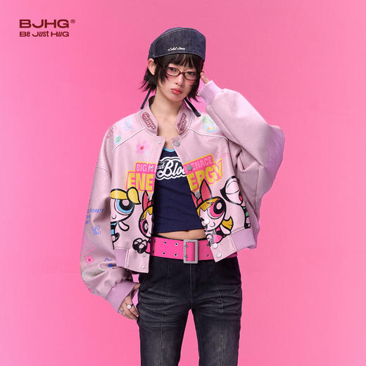 【飞天小女警联名】BJHG不计后果短款皮衣外套女春印花棒球服夹克 商品图1