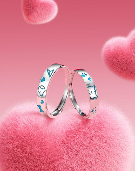 Winy S925 银猫狗心缘情侣对戒 滴胶萌宠爱心骨头猫爪开口可调节 银蓝 CP 对戒 商品图5