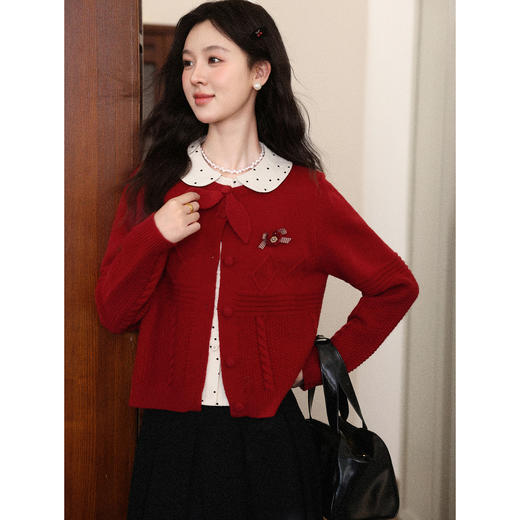 鹿向南「微醺玫瑰」新年红色假两件针织衫上衣秋冬季慵懒风毛衣女 商品图2
