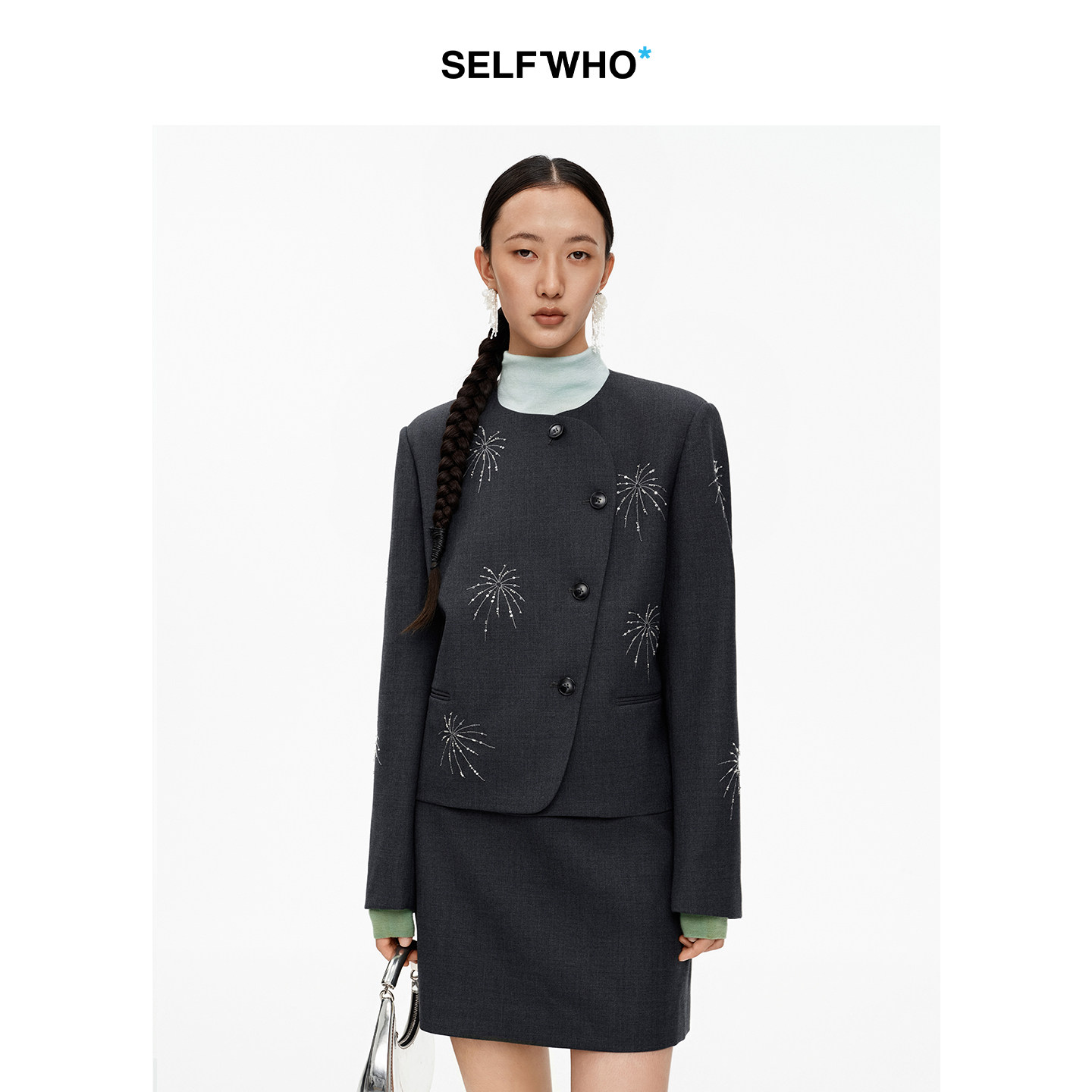 SELFWHO绵羊毛混纺不对称烟花钉珠设计短外套女2026春季新款上衣