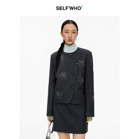 SELFWHO绵羊毛混纺不对称烟花钉珠设计短外套女2026春季新款上衣