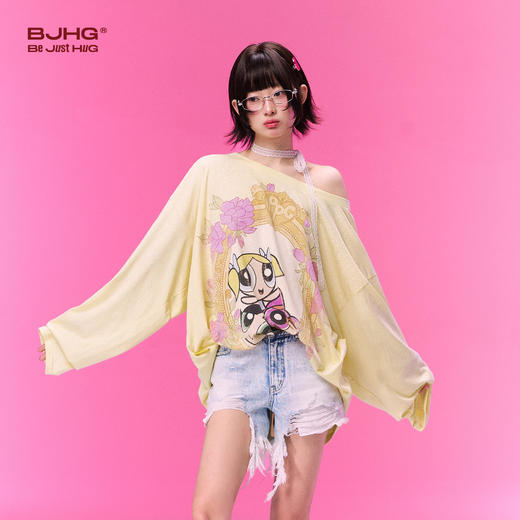 飞天小女警联名BJHG不计后果 长袖T恤罩衫女款夏季可外穿斜肩上衣 商品图2