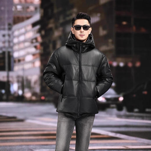 丁摩 海宁真皮皮衣男士牛皮羽绒服可脱卸连帽白鹅绒保暖外套6815 商品图0