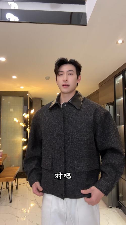 26176SDSA男士秋冬新款痞帅男装美式简约拼皮翻领设计夹克外套复古百搭 商品图0