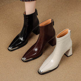 【预售5天】里外全皮轻奢风金属小方头粗跟厚拉链及踝靴法式高跟棕色短靴&sl-8151