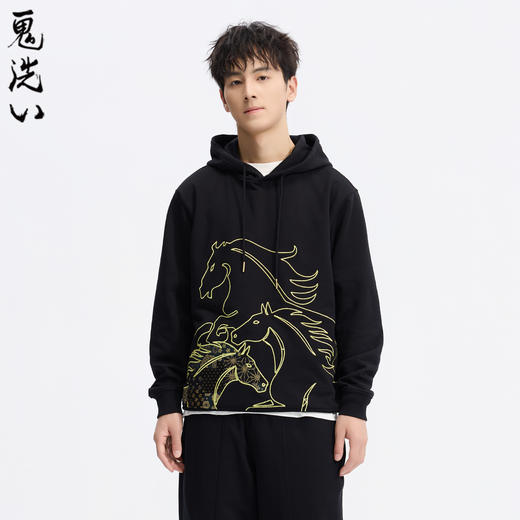 ONIARAI/鬼洗26春新品泥棒蓝马剪影拼花布刺绣连帽卫衣男 26NOB53 商品图0