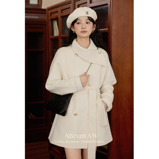 鹿向南「100%棉羊毛」米白色双面毛呢短外套女冬季高级感收腰大衣 商品图0