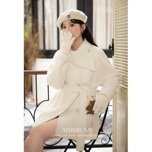 鹿向南「100%棉羊毛」米白色双面毛呢短外套女冬季高级感收腰大衣 商品图4