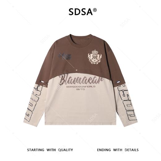 F7273SDSA男士秋冬新款痞帅男装美式破洞拼色圆领长袖T恤百搭时尚上衣 商品图1