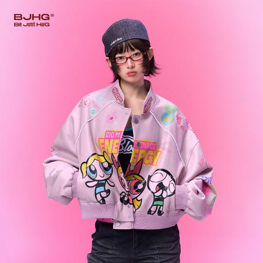 【飞天小女警联名】BJHG不计后果短款皮衣外套女春印花棒球服夹克 商品图3