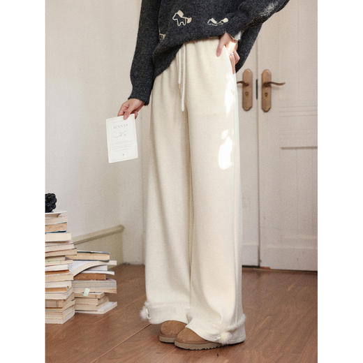 鹿向南「休闲软妹」杏色加绒休闲裤女秋冬宽松显瘦加厚阔腿长裤子 商品图3