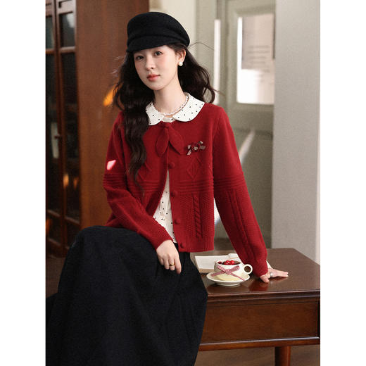 鹿向南「微醺玫瑰」新年红色假两件针织衫上衣秋冬季慵懒风毛衣女 商品图4