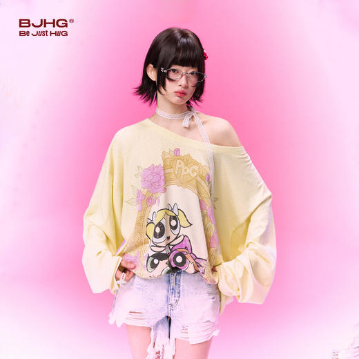 飞天小女警联名BJHG不计后果 长袖T恤罩衫女款夏季可外穿斜肩上衣 商品图1