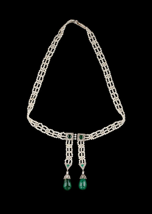 独角鹿西洋古董1905年代法国顶级珠宝品牌卡地亚出品18K黄金铂金镶嵌种子珍珠钻石及哥伦比亚祖母绿双穗式吊坠项链 商品图0