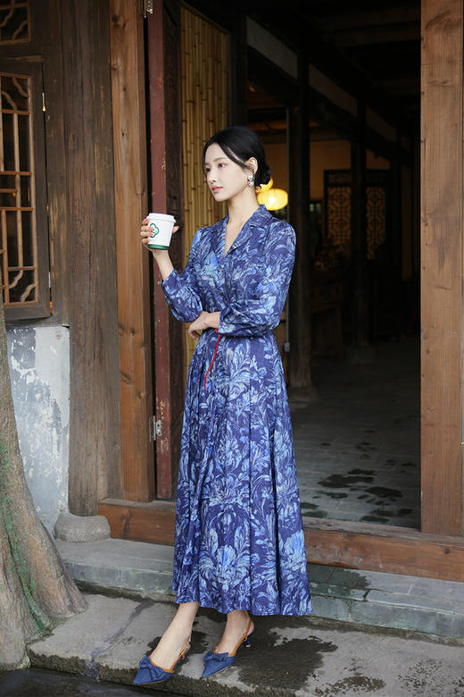 【多件多折】逸红颜明月优选#沉静棉麻印花裙【莳光】职场西装领撞色连衣裙，古色古香日常款新中式，风静绽芳华 商品图12