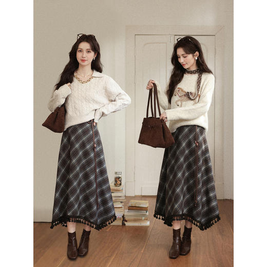 鹿向南「画廊女孩」不规则格纹流苏半身裙女冬小众设计感收腰长裙 商品图4