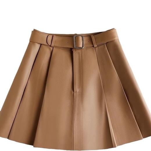 丁摩 绵羊皮真皮半身裙女高腰高级感美式a字百褶皮裙02 商品图4
