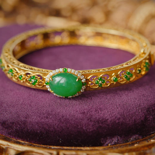 龢盒原创 18k金镶帝王绿翡翠蛋面钻石手镯 商品图1
