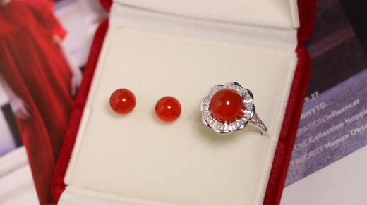 红玛瑙戒指+耳钉 戒指10mm 耳钉8mm 925银配件 商品图2