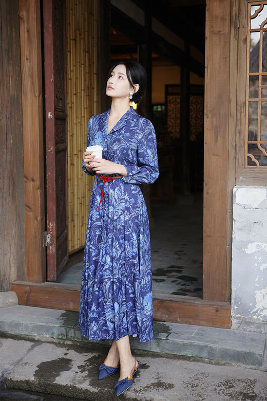 【多件多折】逸红颜明月优选#沉静棉麻印花裙【莳光】职场西装领撞色连衣裙，古色古香日常款新中式，风静绽芳华 商品图11