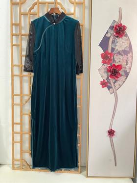 「断码清仓」精品绝美新中式侧开叉后拉链弹力进口金丝绒旗袍连衣裙 L码  ZFYY292