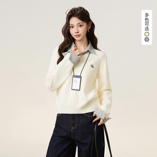 西遇假两件套头毛衣女2026年春季新款韩系慵懒高级感百搭针织衫SS060053 商品图0