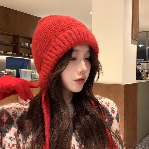 【一帽两用❗️巴拉克拉法帽子】保暖御寒，显脸小，柔软舒适，软糯亲肤！赫本风绑带堆堆帽女冬季保暖圣诞红毛线帽本命年新年马年 商品图7